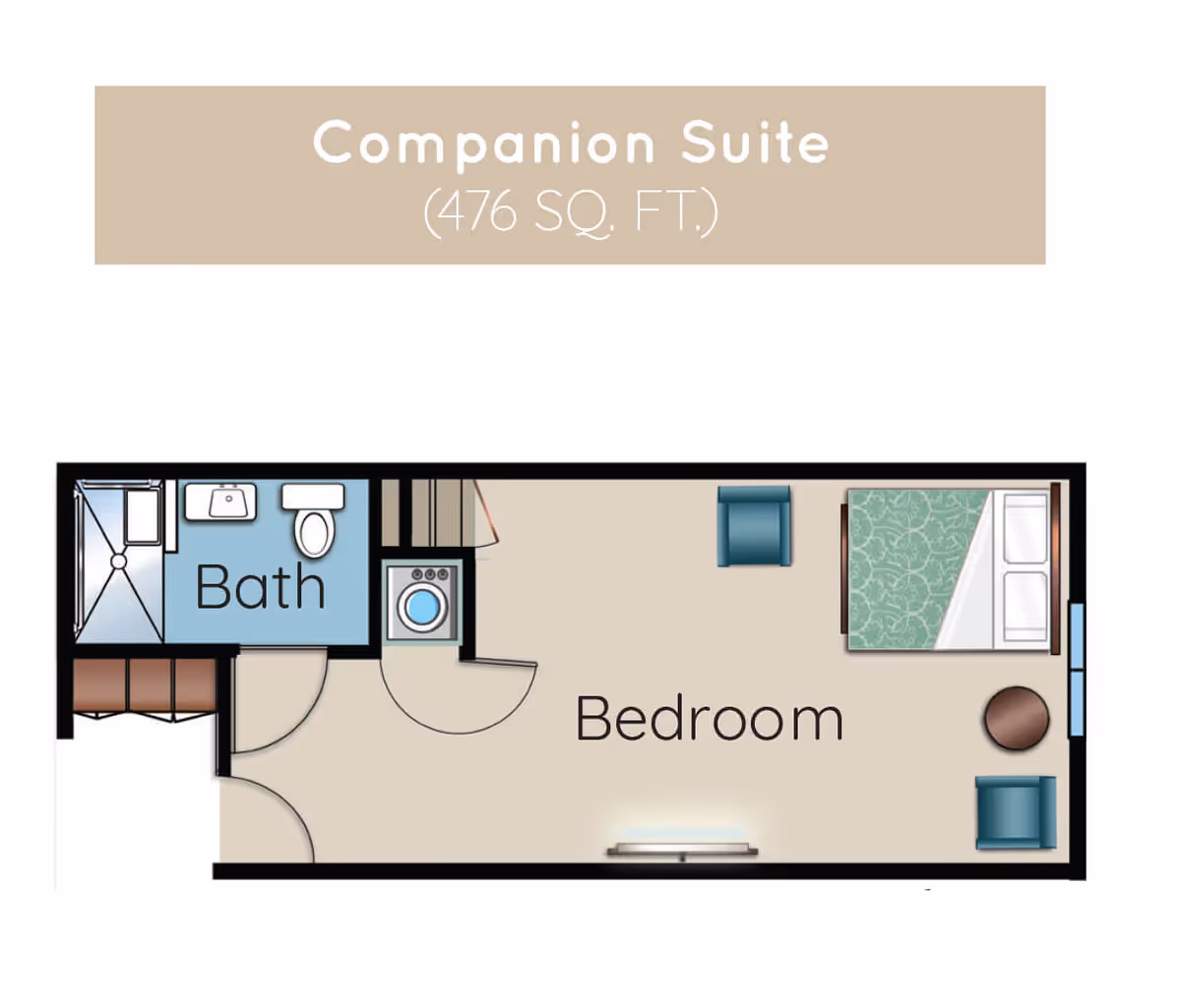 Floor plan of a Companion Suite measuring 476 square feet, showing a bedroom area with a bed, two chairs, and a small round table, and a bathroom with a shower, sink, and toilet.