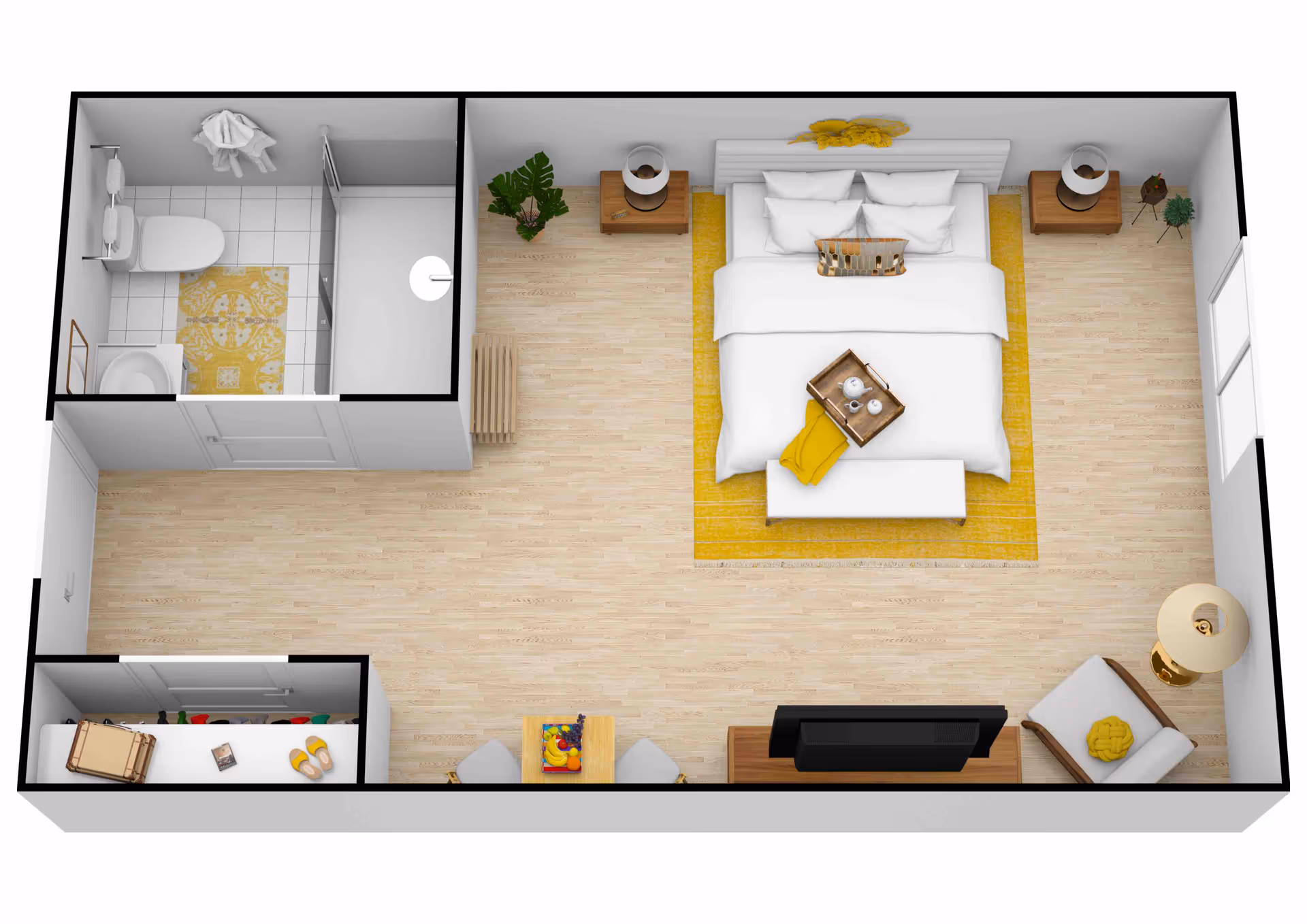 3D floor plan of a senior living facility room featuring a bedroom with a large bed on a yellow rug, two nightstands with lamps, a bench at the foot of the bed with a tray, a chair with a pillow, a TV on a stand, and a small dining table with two chairs. The room also includes a bathroom with a toilet, sink, and shower, and a closet area with shelves and hanging clothes.