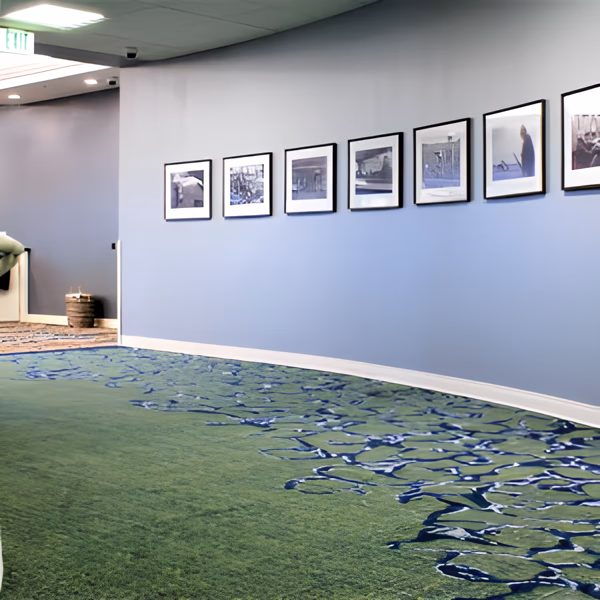 Curved hallway with a green and blue patterned carpet, light blue walls adorned with a row of framed pictures, and a small basket placed near the corner.