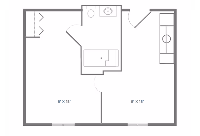 Floor plan layout showing two 8 by 18 feet rooms separated by a wall, with a bathroom in between that includes a toilet and sink. The plan also shows doorways and closet space.