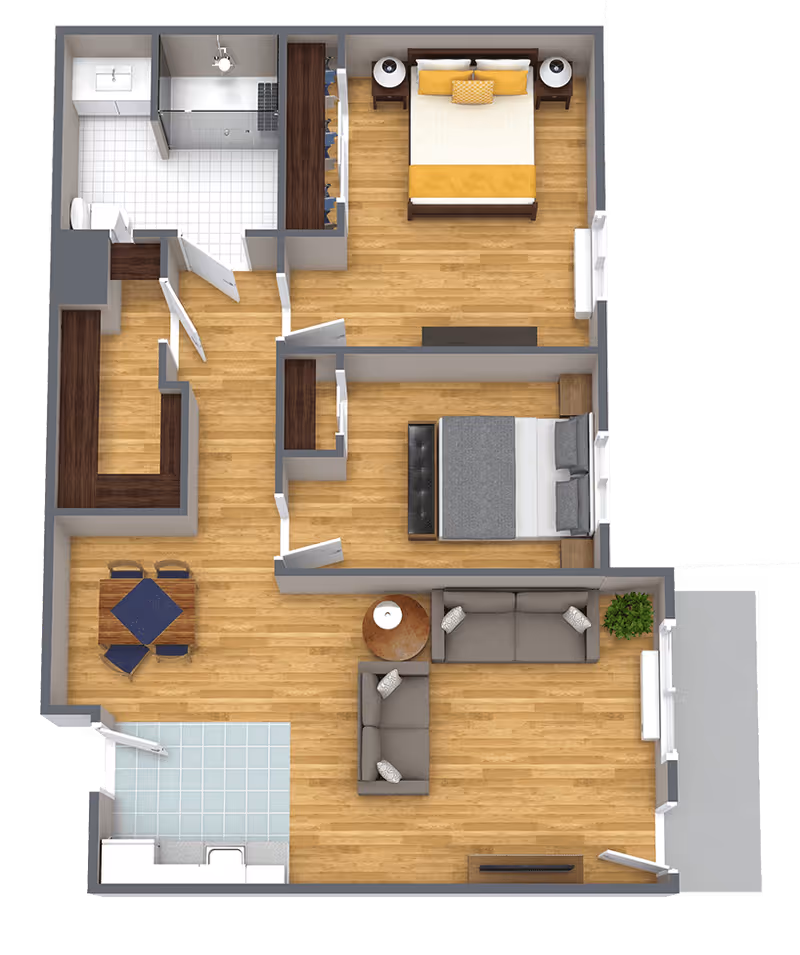 3D floor plan of an apartment with two bedrooms, a bathroom, a living room with two sofas and a round table, a dining area with a square table and four chairs, and a kitchen area with appliances. The flooring is wood except for the bathroom and kitchen areas which have tile flooring.
