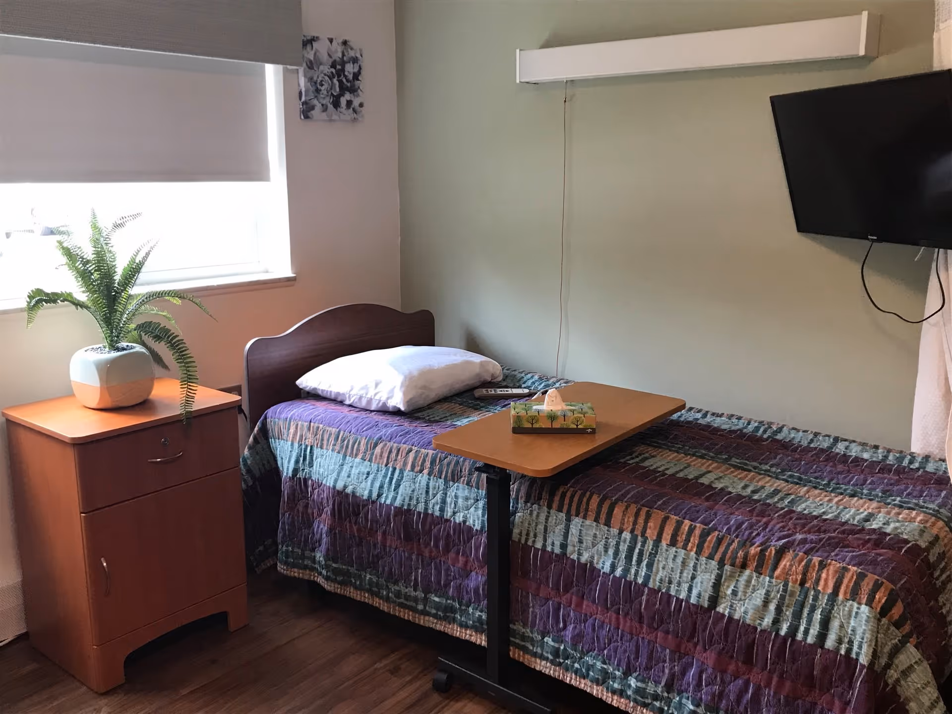 A small bedroom with a single bed covered with a multicolored striped quilt. A white pillow and a remote control are on the bed. Next to the bed is a wooden nightstand with a potted fern plant. A window with a closed white blind is above the nightstand. A wall-mounted flat-screen TV is on the right side of the bed. A small overbed table with a box of tissues is positioned over the bed.