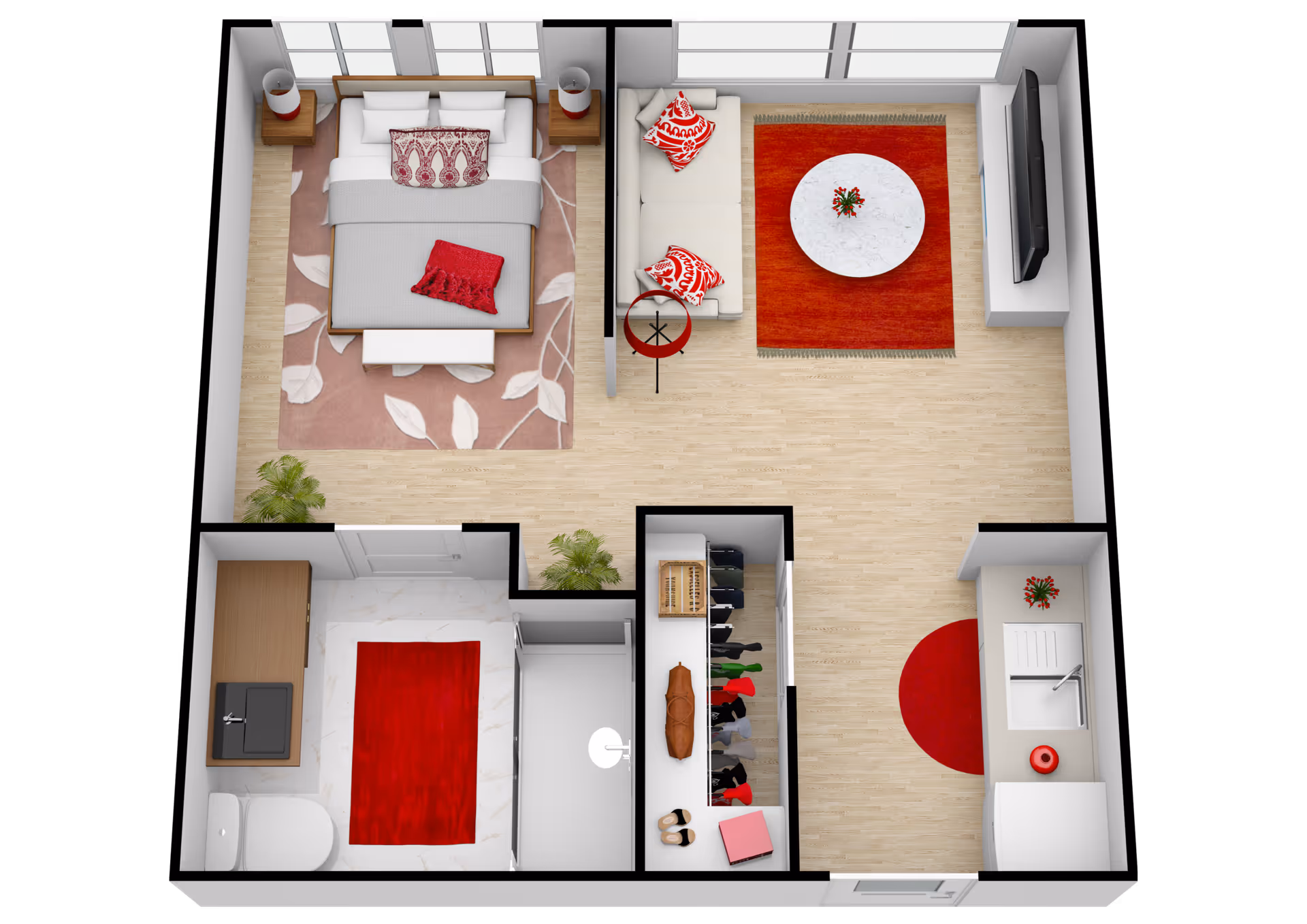 3D floor plan of a small apartment unit featuring a bedroom with a bed, nightstands, and a rug; a living room with a sofa, coffee table, and TV; a kitchen area with a sink and counter; a bathroom with a toilet and sink; and a closet with hanging clothes and shoes.