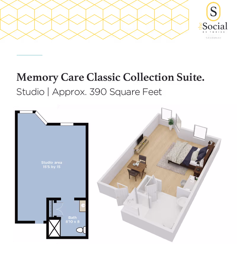 Floor plan and 3D layout of a Memory Care Classic Collection Suite studio apartment approximately 390 square feet, featuring a combined living and sleeping area with a bed, small dining table with two chairs, TV stand, and a bathroom with a shower, toilet, and sink.
