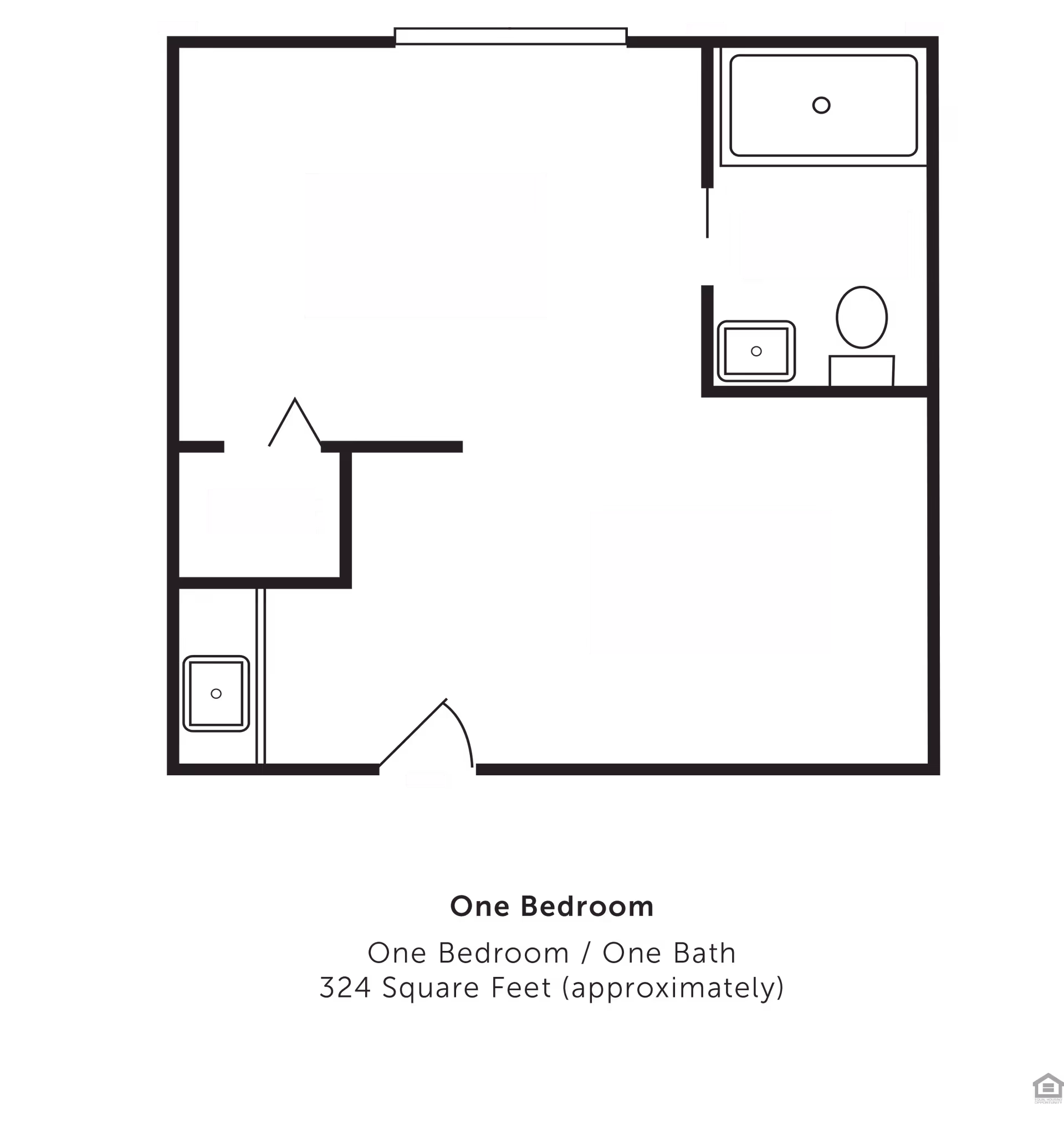 Floor plan layout of a one-bedroom, one-bath apartment with approximately 324 square feet. The plan shows a bedroom, a bathroom with a bathtub, toilet, and sink, a living area, and a small kitchen area.