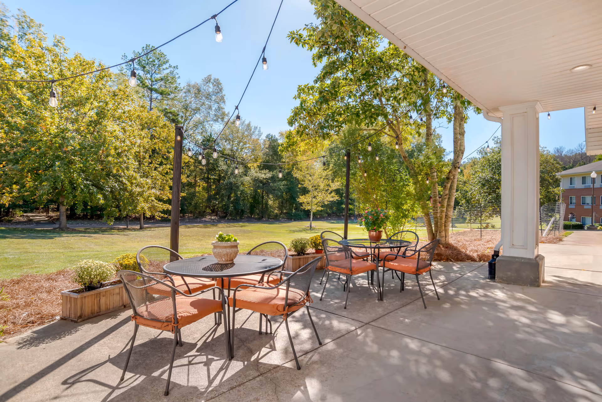 Outdoor patio area with metal tables and chairs featuring orange cushions, string lights overhead, potted plants on the tables, and a grassy area with trees in the background under a clear blue sky.