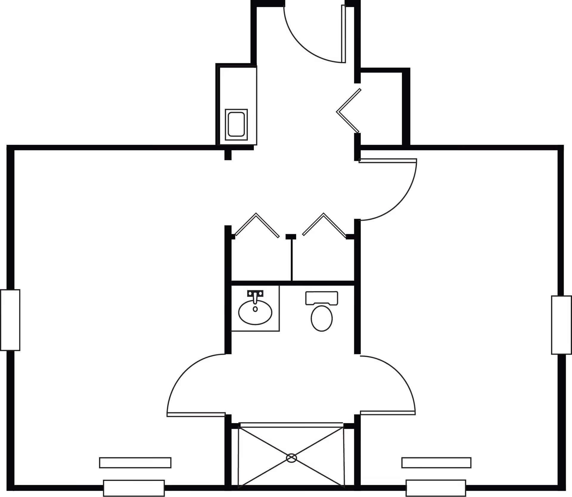 Architectural floor plan showing a layout with two main rooms, a central bathroom with a sink and toilet, and multiple doors connecting the spaces.