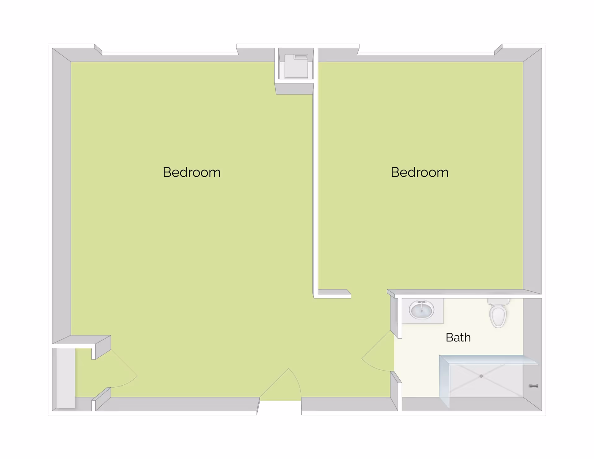 Top-down floor plan showing two adjacent bedrooms labeled 'Bedroom' and a small bathroom labeled 'Bath' in the lower-right.