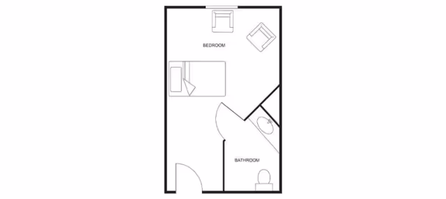 Floor plan of a small living space labeled with a bedroom containing a bed and two chairs, and an adjacent bathroom with a sink and toilet.
