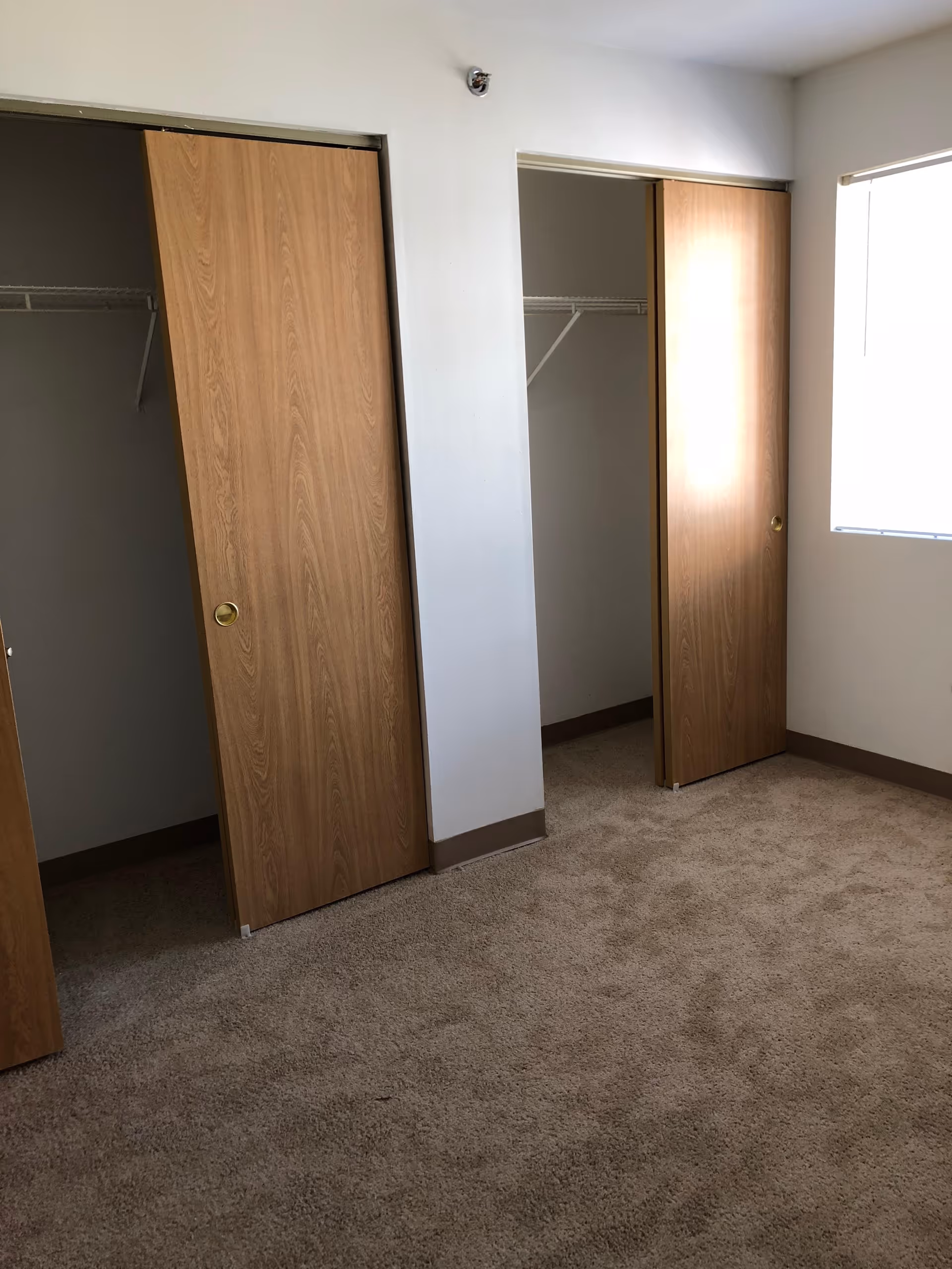 Empty room with beige carpet, two wooden sliding closet doors partially open revealing empty closets, and a window with blinds letting in natural light.