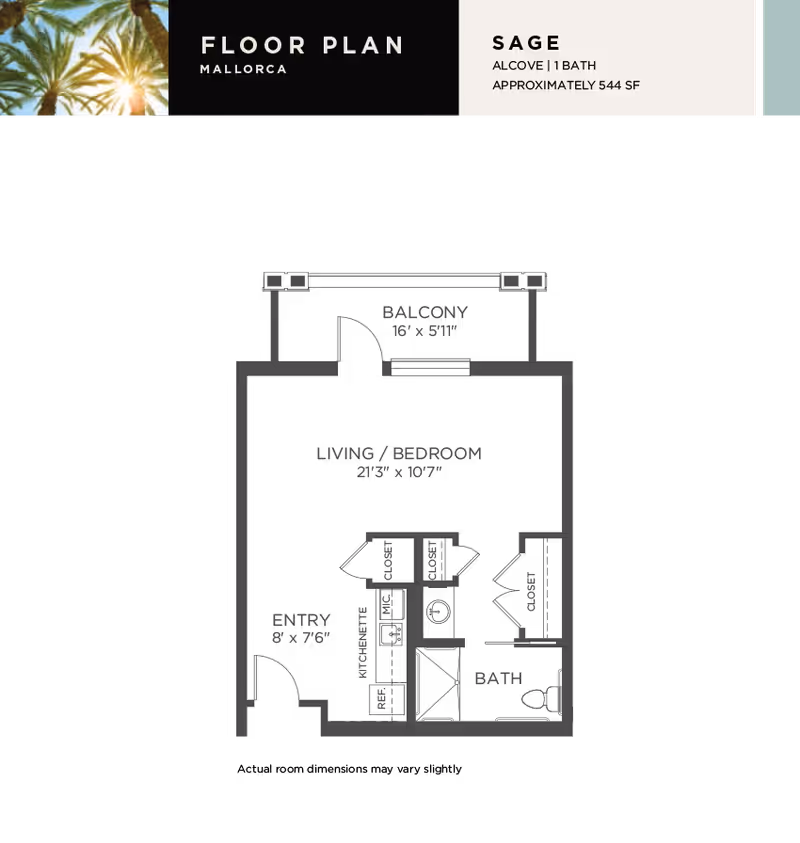 Graphic header with text indicating a floor plan for Mallorca, named Sage, featuring an alcove and 1 bath, approximately 544 square feet, with a small image of palm trees on the left.