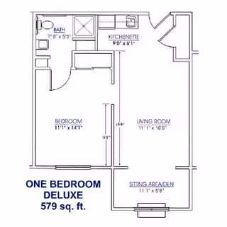 Floor plan of a one-bedroom deluxe apartment with a total area of 579 square feet. The layout includes a bedroom measuring 11 feet 1 inch by 14 feet 1 inch, a bathroom measuring 7 feet 8 inches by 5 feet 3 inches, a kitchenette measuring 9 feet by 6 feet 1 inch, a living room measuring 11 feet 1 inch by 16 feet 6 inches, and a sitting area/den measuring 11 feet 1 inch by 5 feet 8 inches.