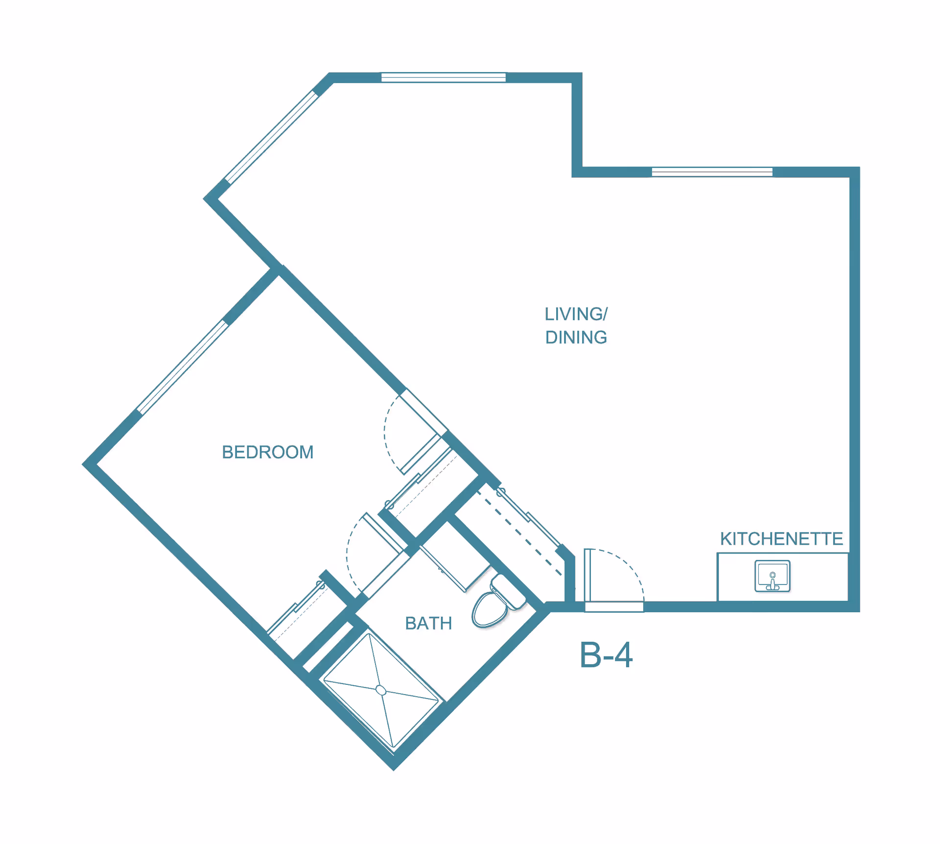 Floor plan of a one-bedroom apartment labeled B-4 at Holiday Woods at Canco, showing a bedroom, bathroom, living/dining area, and kitchenette.