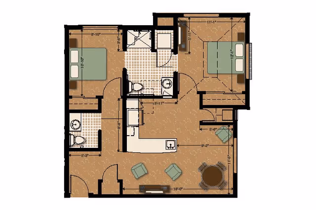 Floor plan of a senior living apartment at MorningStar Senior Living of Arvada showing two bedrooms, two bathrooms, a kitchen with an island, a living area with seating, and a dining area with a round table and four chairs.
