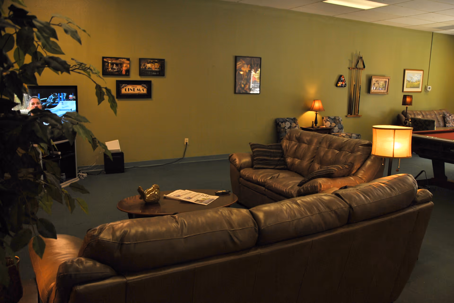 A cozy living room with two brown leather sofas facing a coffee table with a newspaper and decorative item. A TV is on in the corner, partially obscured by a large indoor plant. The walls are decorated with framed pictures and a pool cue rack. There are two table lamps providing warm lighting, and a pool table is visible in the background.
