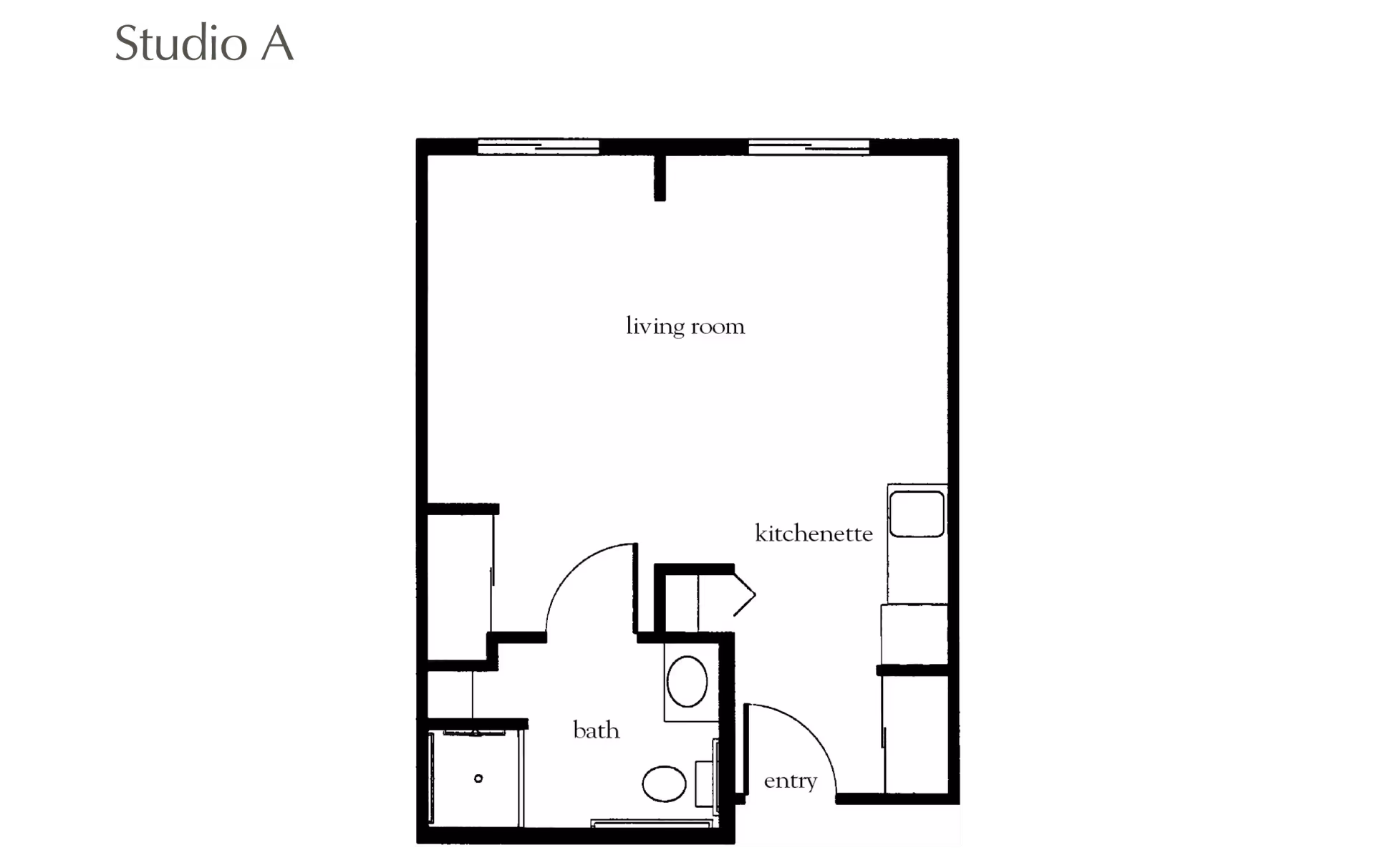 Black-and-white Studio A floor plan showing a living room, kitchenette, bath, and entry.