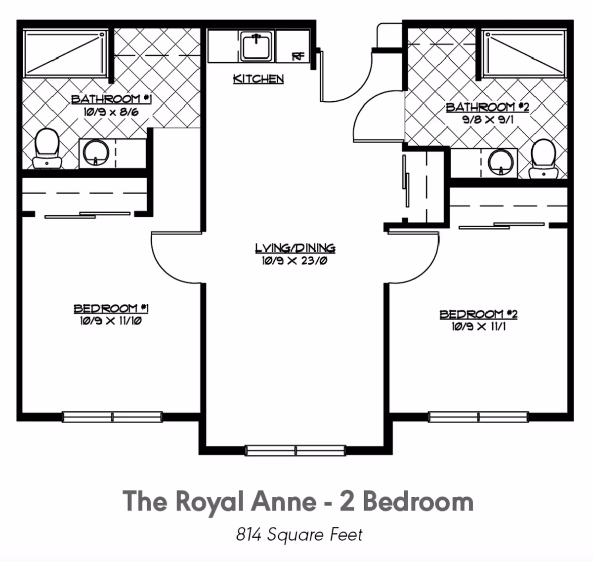 Floor plan of The Royal Anne - 2 Bedroom apartment with 814 square feet, showing two bedrooms, two bathrooms, a kitchen, and a combined living/dining area.