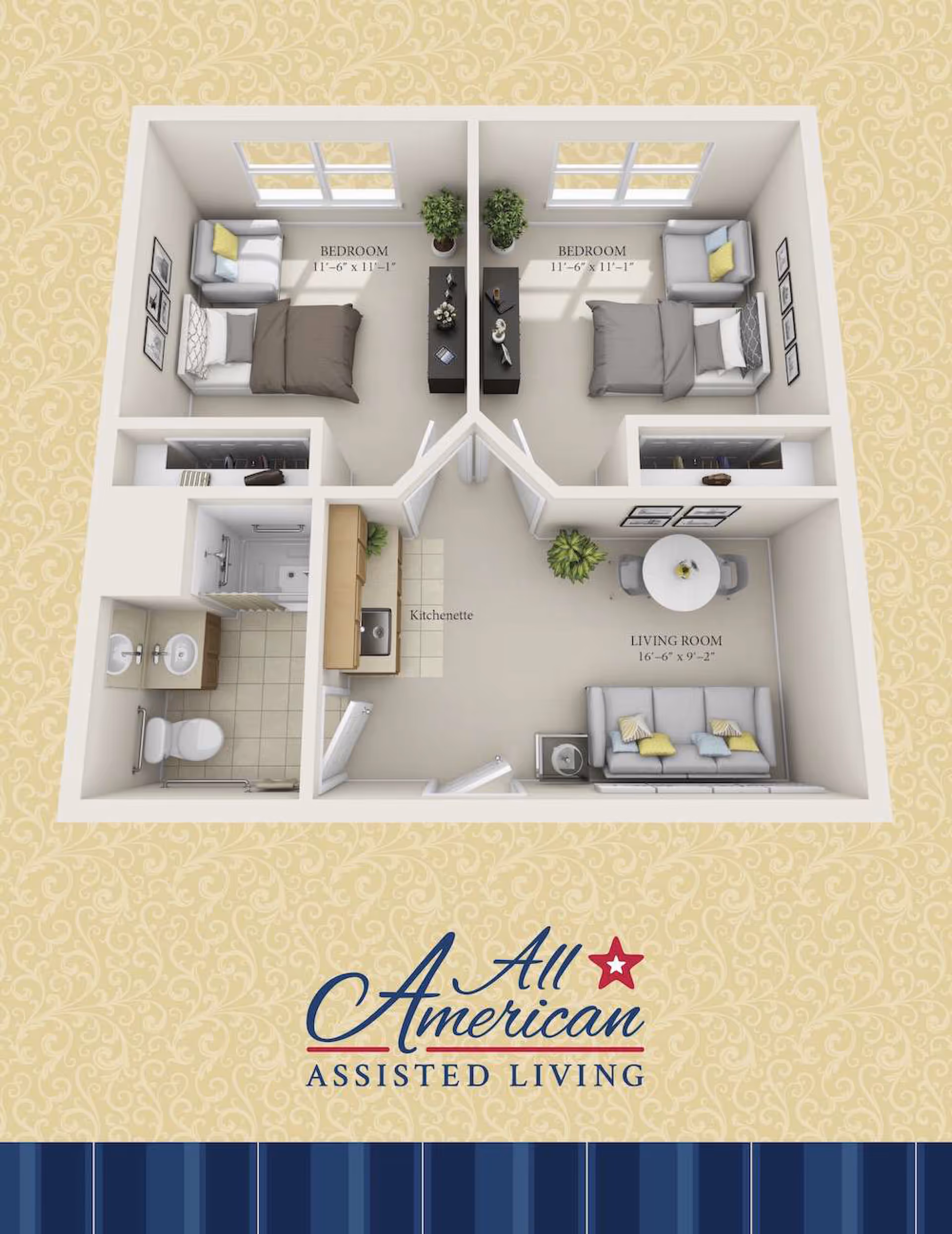 3D floor plan of an assisted living unit showing two bedrooms each with a bed and chair, a shared bathroom with a toilet, sink, and shower, a kitchenette with cabinets and a sink, and a living room with a sofa, round dining table with chairs, and plants.