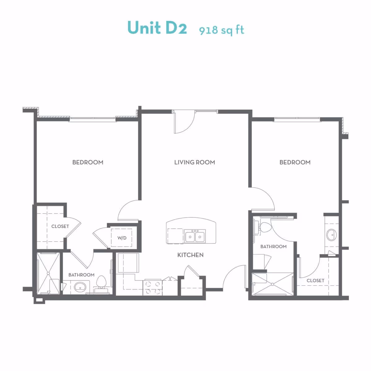 Black-and-white floor plan labeled "Unit D2 918 sq ft" showing two bedrooms, two bathrooms, a kitchen, living room and closets.