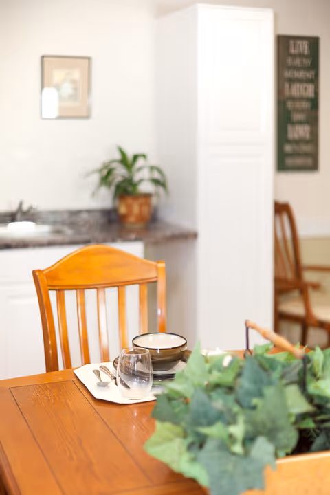 Dining table with a place setting and wooden chairs in front of a small kitchen area with cabinets and a potted plant.