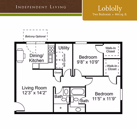 Floor plan for Loblolly two-bedroom independent living unit at Green Country Village, showing a living room, dining/kitchen area, utility closet, two bedrooms each with walk-in closets, and two bathrooms. The living room measures 12 feet 3 inches by 14 feet 2 inches. One bedroom measures 9 feet 8 inches by 10 feet 9 inches, and the other bedroom measures 11 feet 5 inches by 11 feet 9 inches. There is an optional balcony off the dining/kitchen area.