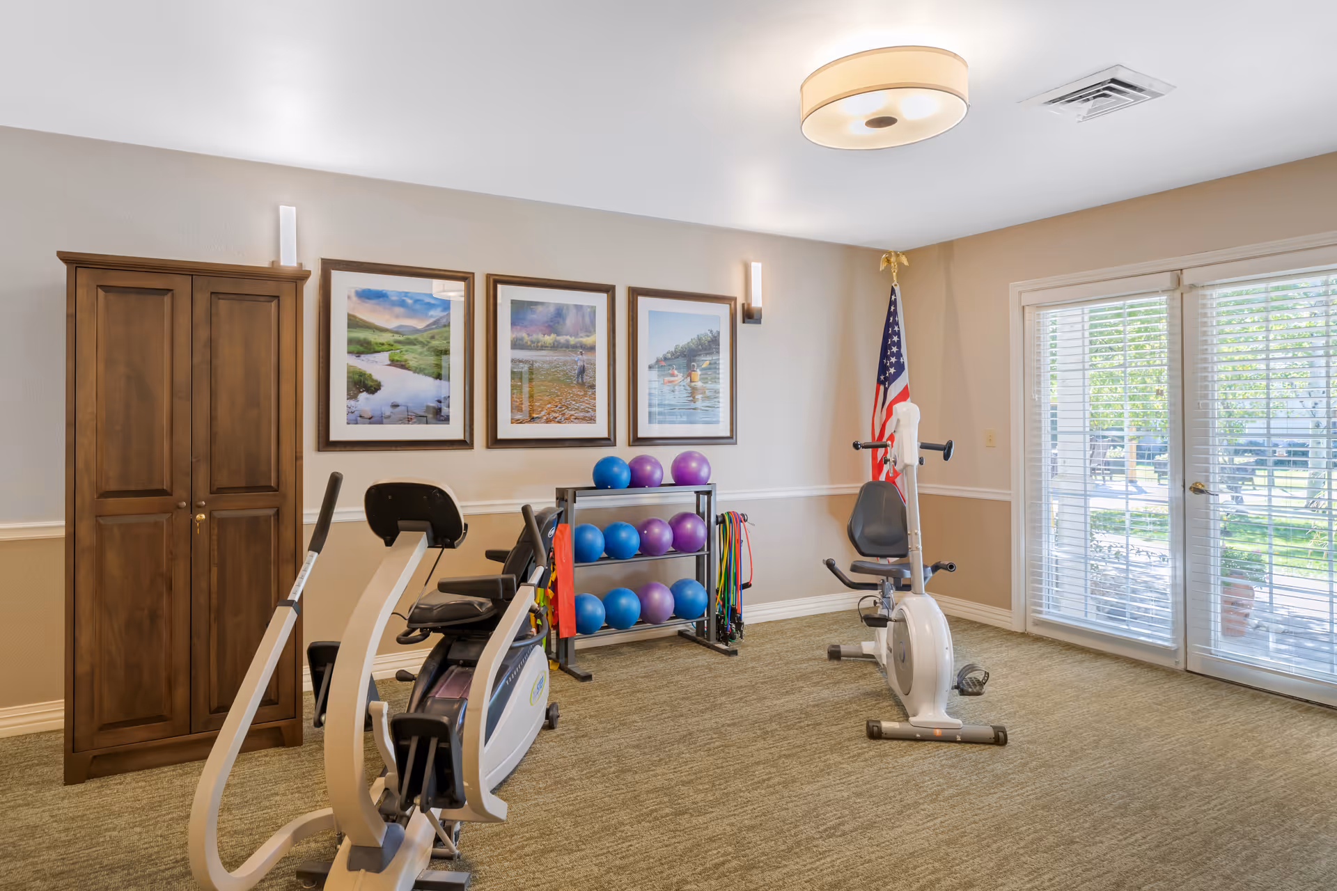 Small indoor exercise room with two recumbent exercise bikes, a rack of colorful exercise balls and resistance bands, framed artwork, and glass doors to the outside.
