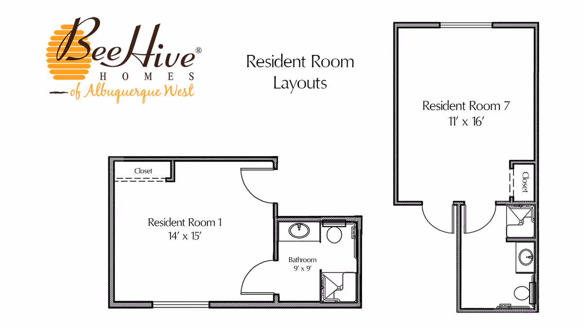Floor plan layout showing two resident rooms at BeeHive Homes of Albuquerque West. Resident Room 1 measures 14 by 15 feet and includes a closet and an attached bathroom measuring 9 by 9 feet with a sink, toilet, and shower. Resident Room 7 measures 11 by 16 feet and includes a closet and an attached bathroom with a sink, toilet, and shower.