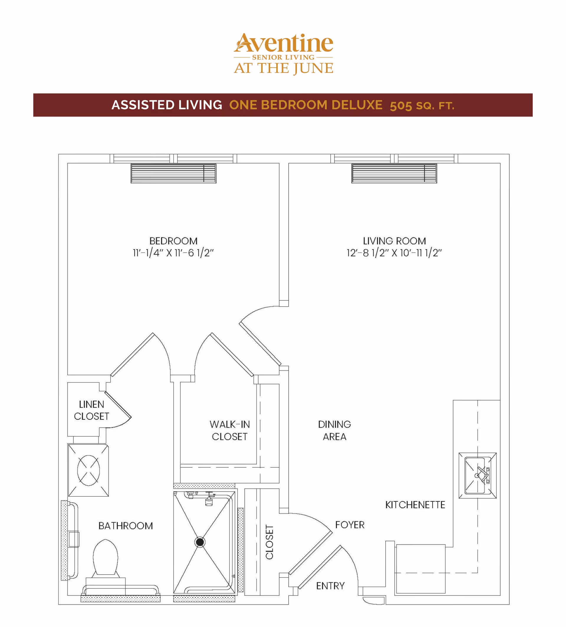 Floor plan of a one bedroom deluxe assisted living unit with 505 square feet. The layout includes a bedroom measuring 11 feet 1/4 inch by 11 feet 6 1/2 inches, a living room measuring 12 feet 8 1/2 inches by 10 feet 11 1/2 inches, a dining area, kitchenette, foyer, entry, bathroom with toilet and bathtub, linen closet, walk-in closet, and an additional closet near the foyer.