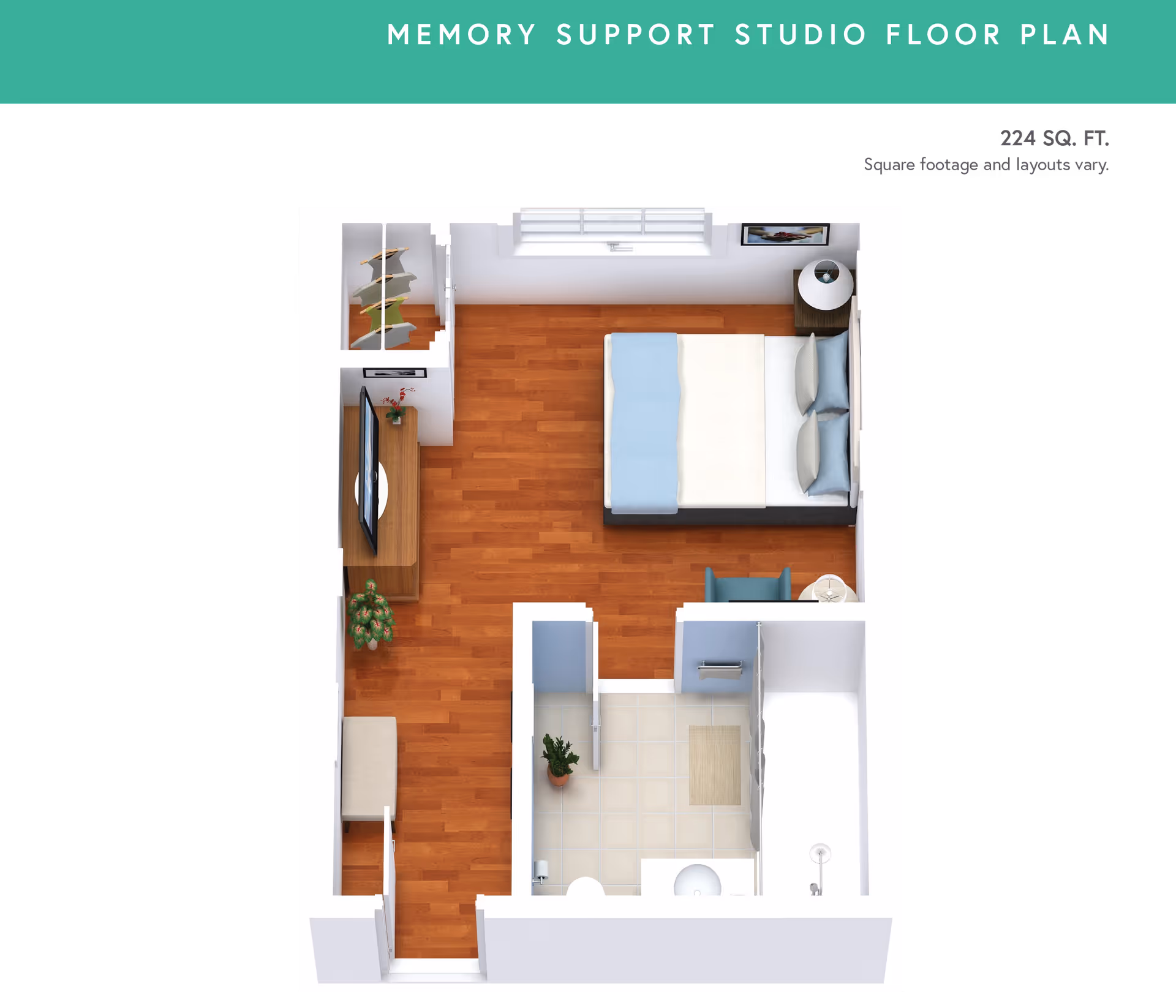 3D floor plan of a memory support studio apartment featuring a combined sleeping and living area with a bed, nightstand, chair, TV on a stand, and a closet. The apartment also includes a bathroom with a shower, sink, and toilet. The flooring is wood in the main area and tile in the bathroom.