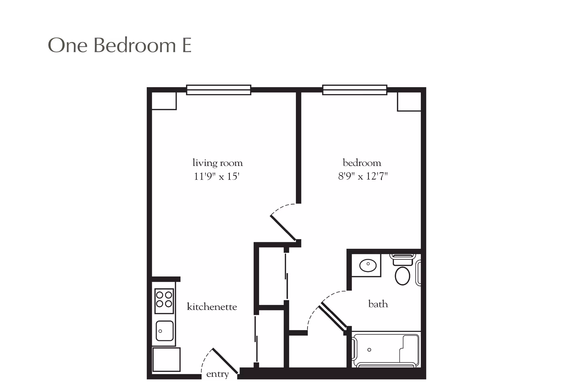 Floor plan of a one-bedroom apartment labeled One Bedroom E, showing a living room measuring 11'9" x 15', a bedroom measuring 8'9" x 12'7", a kitchenette, an entry, and a bathroom with a sink, toilet, and bathtub.