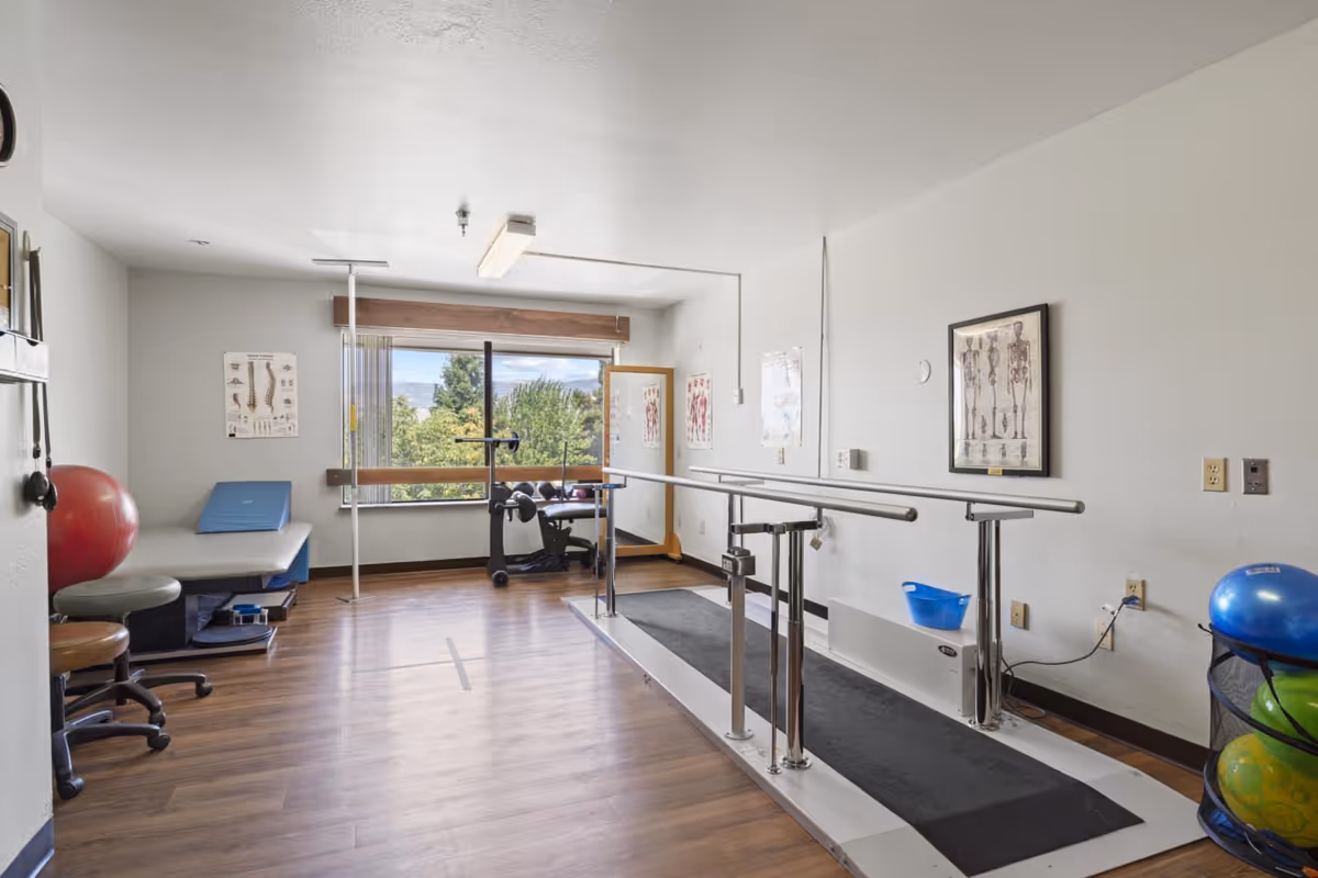 A physical therapy room with parallel bars for walking exercises, a padded treatment table, exercise balls, anatomical charts on the walls, and a large window showing trees outside.