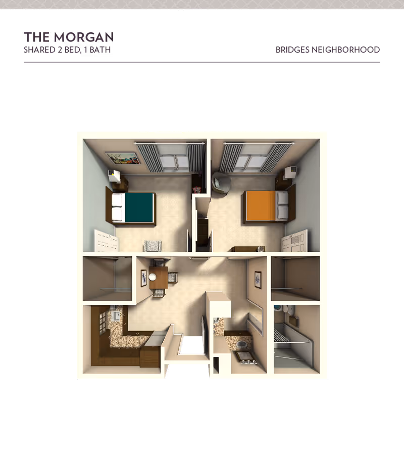 Floor plan of The Morgan, a shared 2 bedroom, 1 bathroom apartment in Bridges Neighborhood, showing two bedrooms with beds and furniture, a kitchen area, a dining space with table and chairs, and a bathroom with shower.