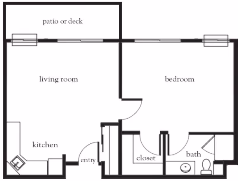 Floor plan of a one-bedroom apartment featuring a kitchen, living room, bedroom, bathroom, closet, entry, and a patio or deck area.