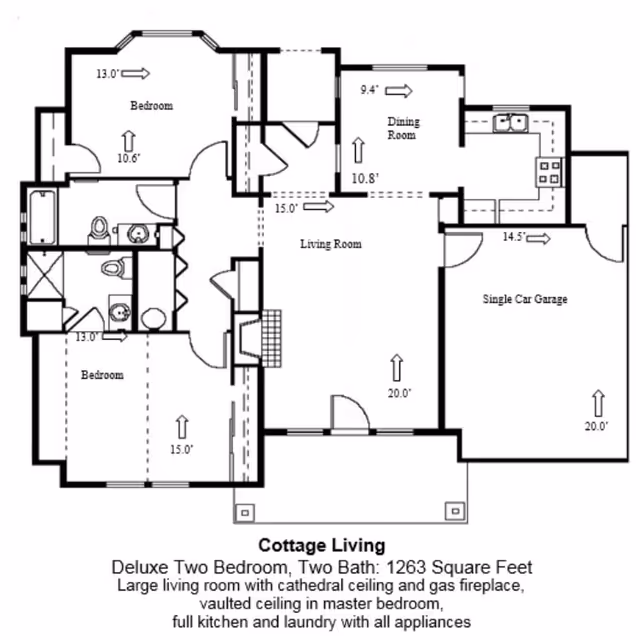 Architectural floor plan of a cottage living unit with two bedrooms, two bathrooms, a living room, dining room, kitchen, and single car garage. The layout includes dimensions for each room and labels for each area. The plan highlights features such as a large living room with cathedral ceiling and gas fireplace, vaulted ceiling in master bedroom, and full kitchen and laundry with all appliances.