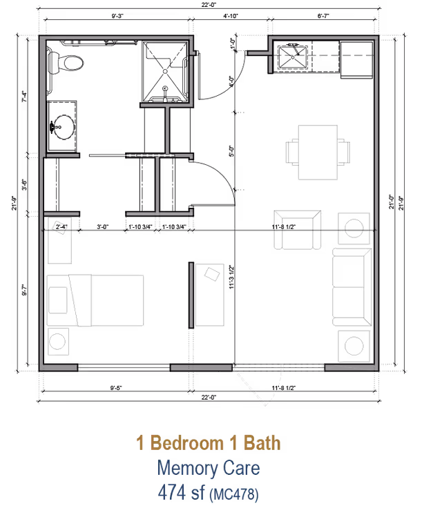 Floor plan layout of a 1 bedroom, 1 bath memory care unit with a total area of 474 square feet, showing room divisions and door placements.