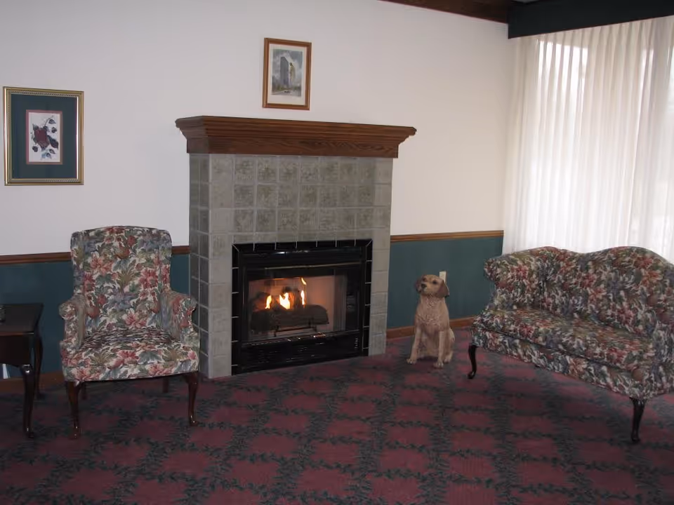 A cozy living room with a lit fireplace in the center. To the left of the fireplace is a floral upholstered armchair next to a small wooden side table. To the right is a matching floral upholstered loveseat. A small dog statue sits on the carpeted floor near the fireplace. The walls are painted white with a green wainscoting and two framed pictures hang above the fireplace and armchair. Sheer white curtains cover a window on the right side.