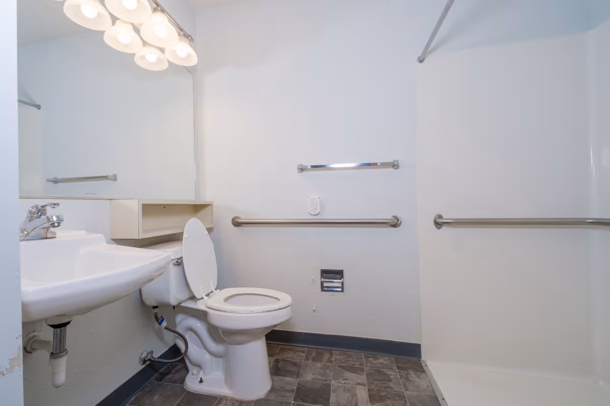 Accessible bathroom with a toilet, sink, mirror, shower stall and grab bars.