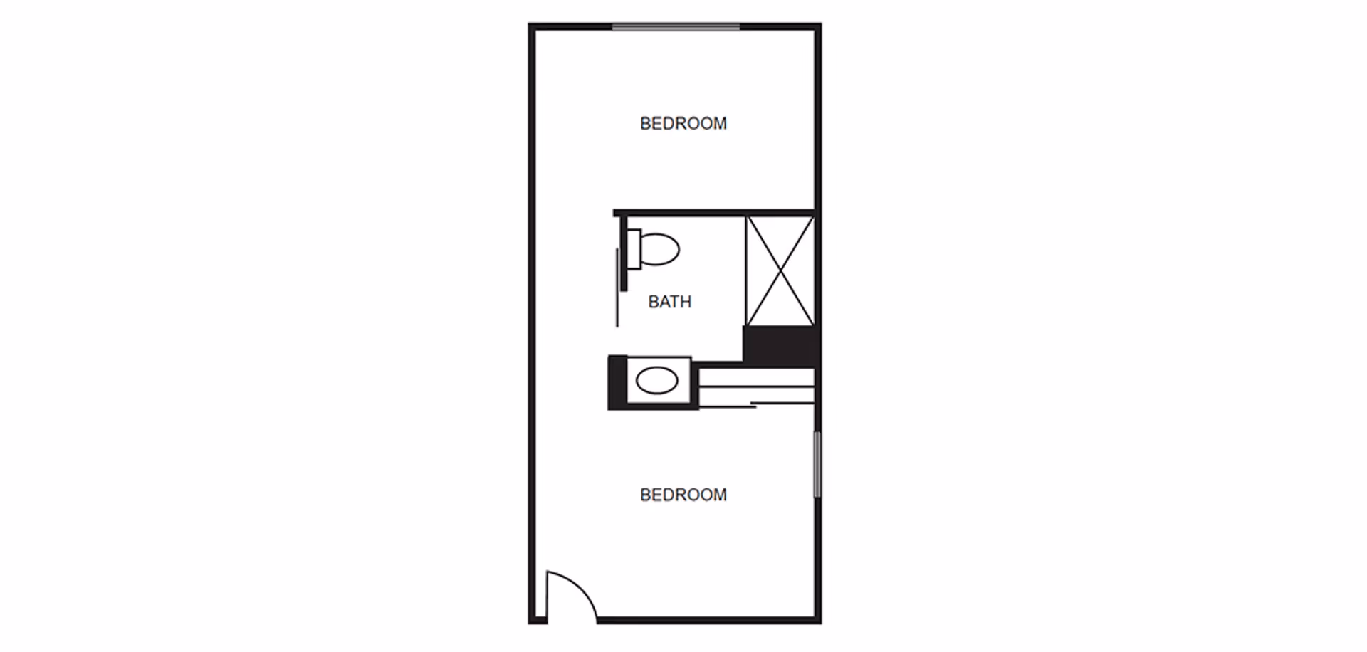 Floor plan layout showing two bedrooms and a bathroom in between. The bathroom includes a toilet, sink, and shower. The entrance door is located in the lower left corner of the plan.