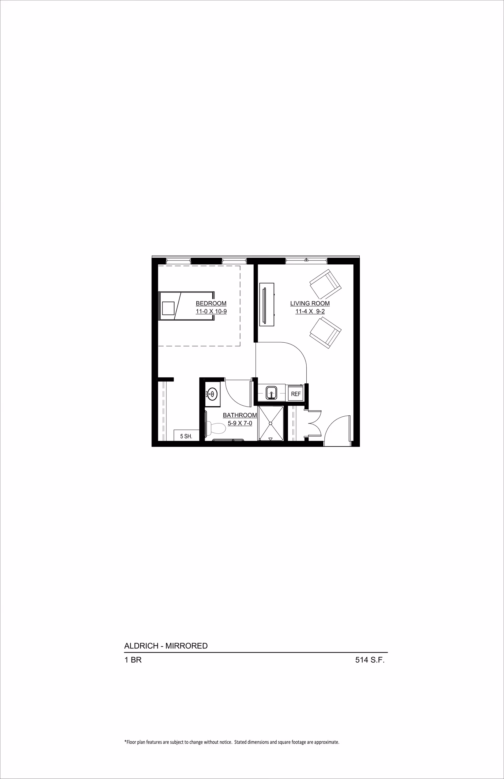 Architectural floor plan of a one-bedroom apartment named Aldrich - Mirrored at The Homestead at Anoka, showing a bedroom, living room, bathroom, and kitchen area with dimensions and total area of 514 square feet.