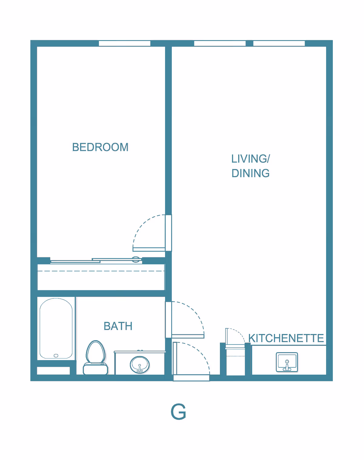 Floor plan of a small apartment unit labeled G, showing a bedroom, a combined living and dining area, a bath with a bathtub, toilet, and sink, and a kitchenette with a sink.