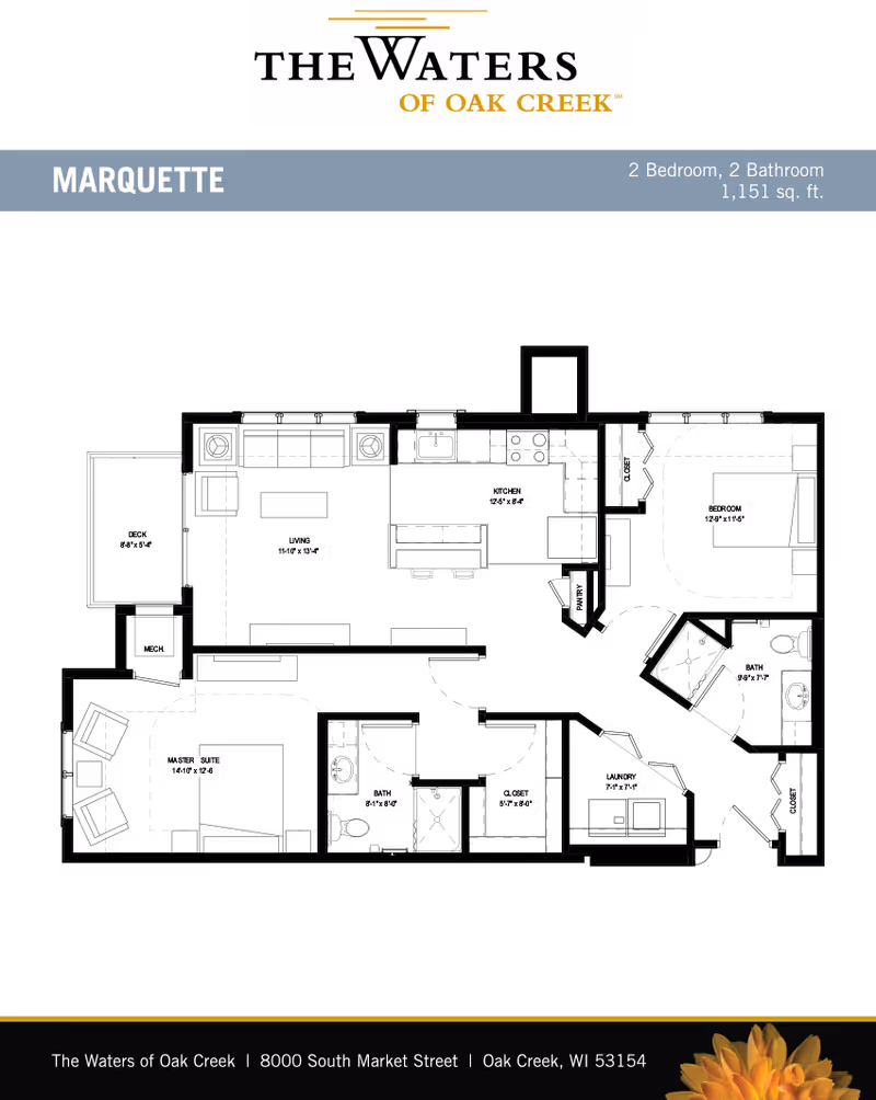 Floor plan titled 'Marquette' for a 2-bedroom, 2-bath unit from The Waters of Oak Creek with facility branding and address.