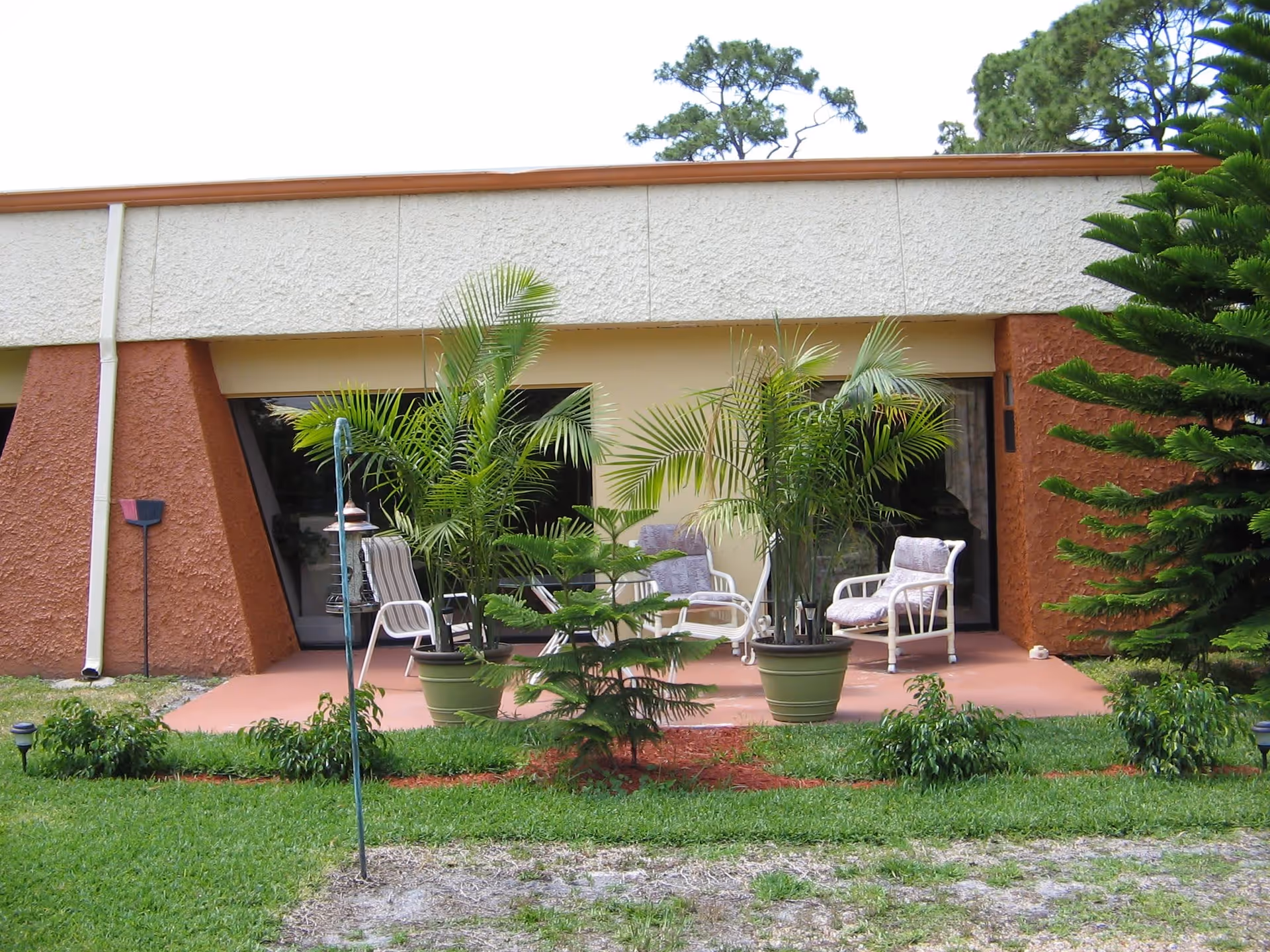 Outdoor patio area with potted palm plants and cushioned chairs in front of a building with large windows and textured walls, surrounded by green grass and small shrubs.