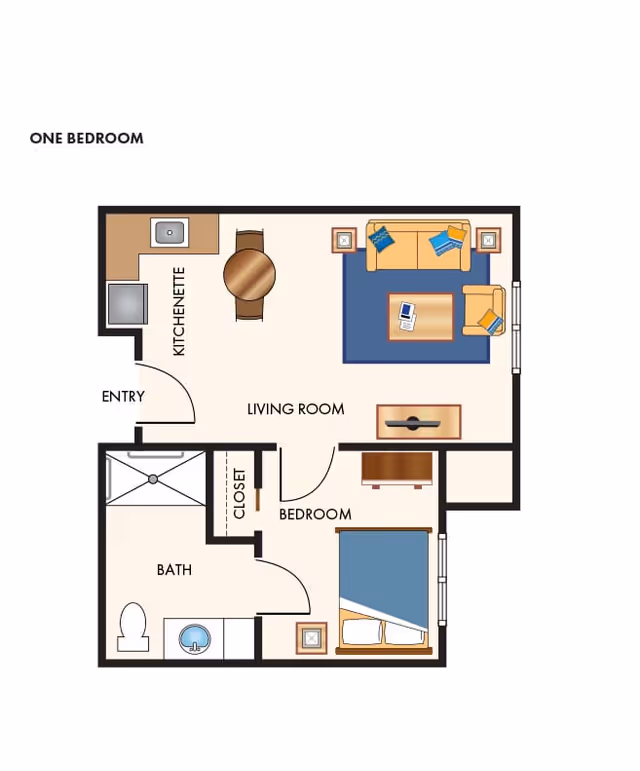 Colored floor plan of a one-bedroom apartment showing a kitchenette, living room, bedroom, bathroom, and closet.