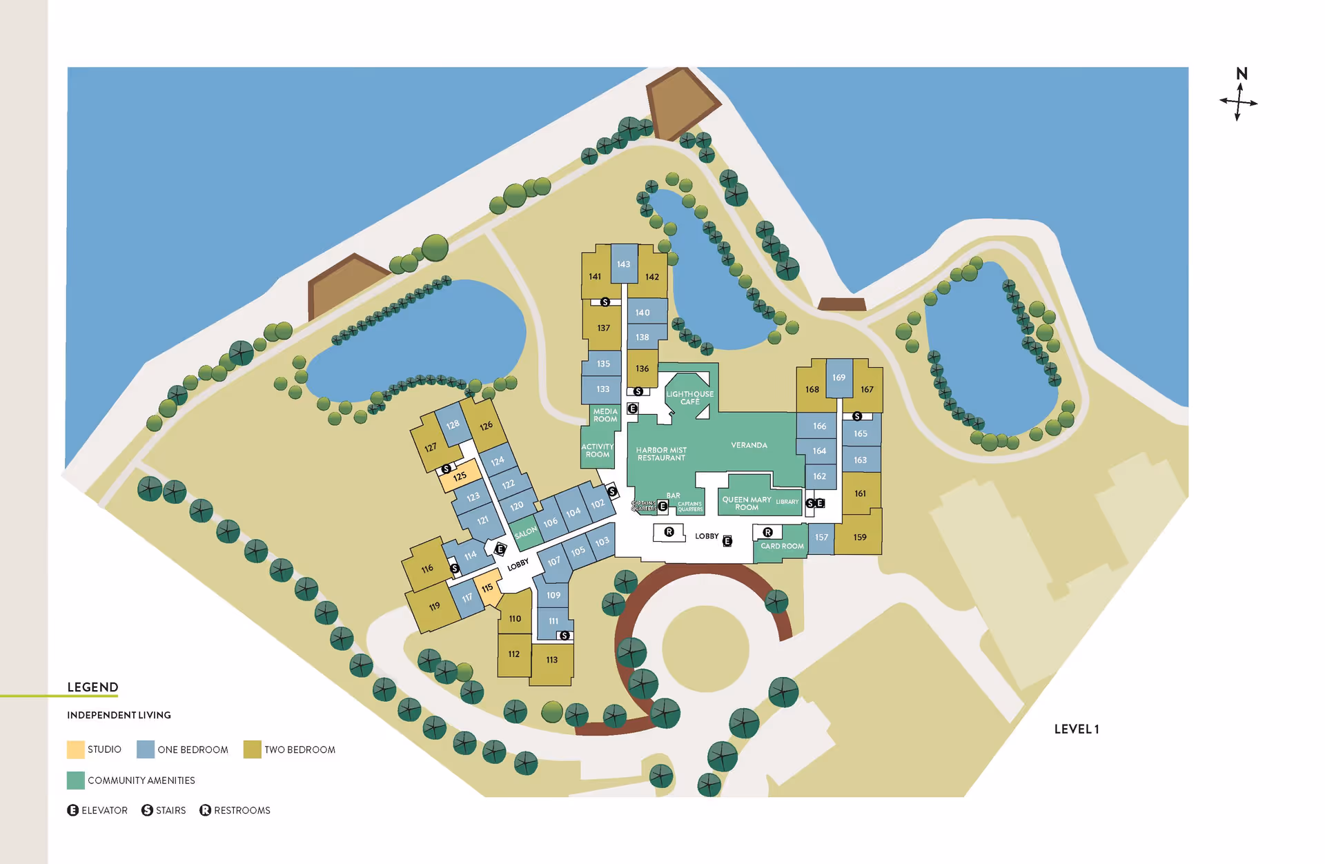 Floor plan of Atria on Roslyn Harbor showing independent living units including studio, one-bedroom, and two-bedroom apartments. The plan highlights community amenities such as the Lighthouse Cafe, Harbor Mist Restaurant, Veranda, Queen Mary Room, Library, Card Room, Media Room, and Activity Room. It also marks locations of elevators, stairs, and restrooms, with surrounding outdoor areas including ponds and trees.