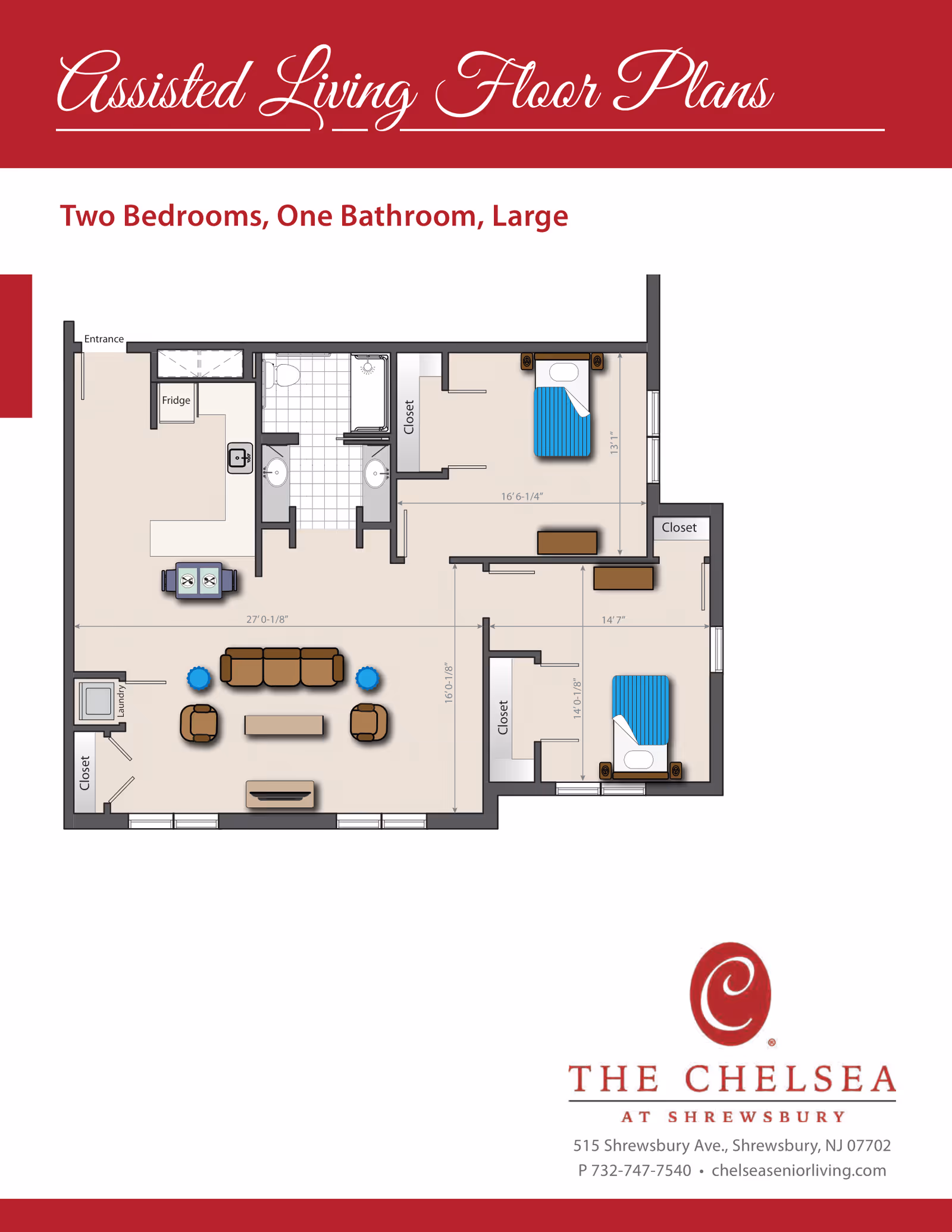 Floor plan of a large assisted living apartment with two bedrooms and one bathroom. The layout includes an entrance leading to a kitchen area with a fridge, a bathroom with two sinks and a shower, a living room with a sofa, chairs, and a TV, and two bedrooms each with a bed, nightstands, and closets. There is also a laundry area and multiple closets throughout the apartment.