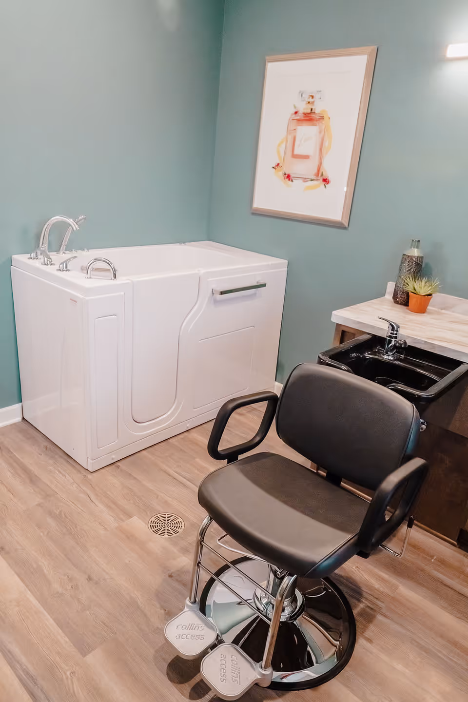 Room with a white walk-in bathtub, a black salon-style chair and a sink against teal walls with framed artwork and a small potted plant.