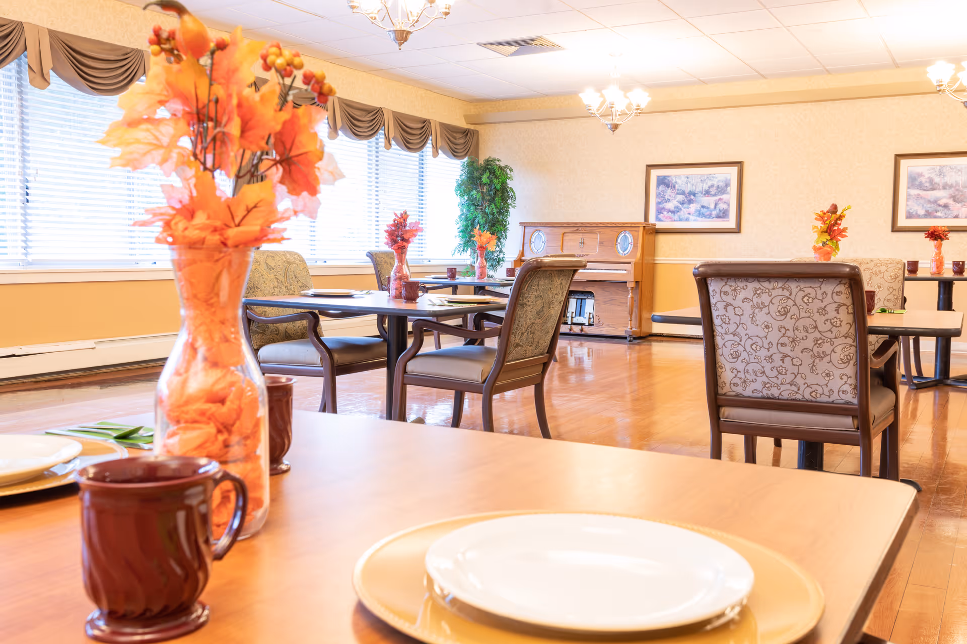 A bright dining room with several tables and cushioned chairs. Each table has a vase with orange and red autumn-themed floral arrangements. The room has large windows with blinds and valances, wooden flooring, and framed artwork on the walls. A piano is visible in the background.