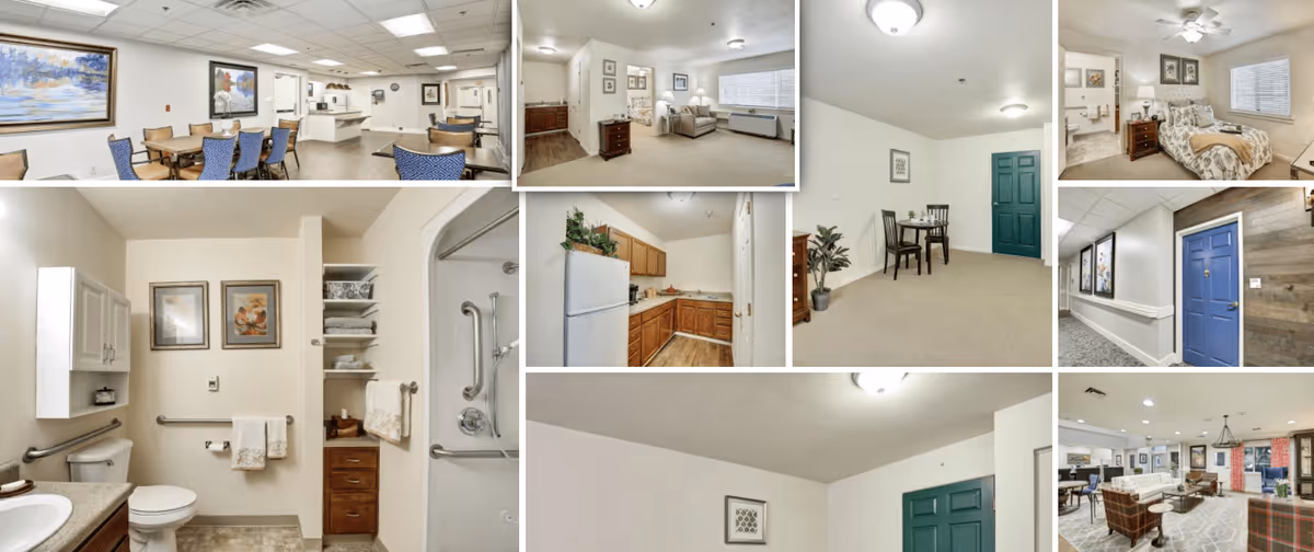 Collage of interior images from Monarch at Richardson senior living facility showing a dining area with tables and chairs, a living room with sofas and a TV, a bedroom with a bed and nightstand, a kitchen with wooden cabinets and white appliances, a bathroom with toilet and sink, a hallway with blue doors, and various seating areas with neutral decor.