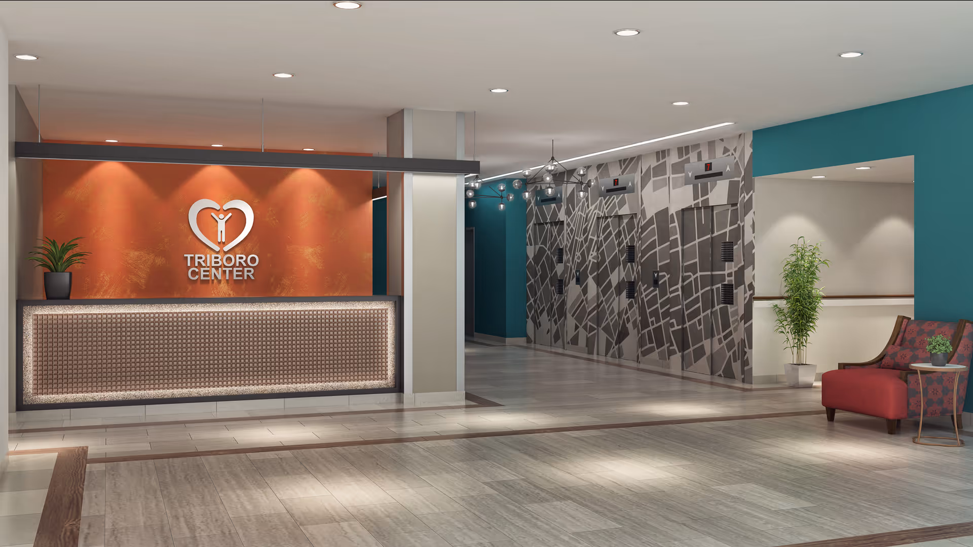 Reception area of Triboro Center with a modern front desk illuminated from below, an orange accent wall with the Triboro Center logo, a potted plant on the desk, and a hallway with a geometric patterned wall and hanging lights. There is a red armchair and a small side table with a plant on the right side.