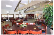 Spacious dining area with multiple wooden tables and chairs, high beamed ceiling, plants, and large windows.